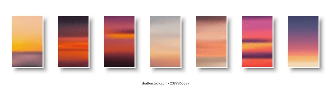 Set of colorful paper sunset and sunrise sea cards. Abstract blurred textured gradient mesh color backgrounds. Made for invitation, webpages, apps, party flyer, simple web design. Vector illustration.