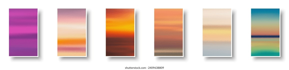 Set of colorful paper sunset and sunrise sea cards. Abstract blurred textured gradient mesh color backgrounds. Made for invitation, webpages, apps, party flyer, simple web design. Vector illustration.