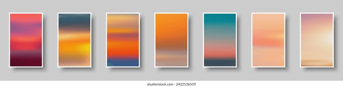Set of colorful paper sunset and sunrise sea cards. Abstract blurred textured gradient mesh color backgrounds. Made for invitation, webpages, apps, party flyer, simple web design. Vector illustration.