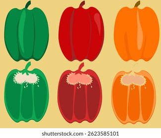 Set of colorful paprika peppers. Set of summer autumn vegetables in section. Whole and cut in half peppers hand drawn, colored stickers, icons, cover, poster