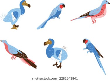 Set of colorful parrots on white background. Vector illustration in flat style.