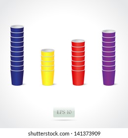 Set of colorful party cups stacked in a rows