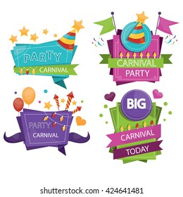 Set of colorful party design elements. Labels, banners and emblems of celebration.