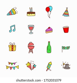 Set of colorful party doodle element such as cake, drink, gift box and more isolated on white background