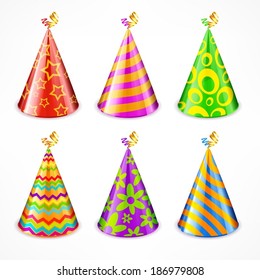 Set of colorful party hats with decorations on white, vector illustration