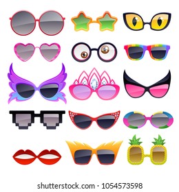 Set of colorful party sunglasses icons. Funny fashion glasses accessories.