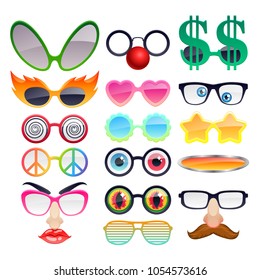 Set of colorful party sunglasses icons. Funny fashion glasses accessories.