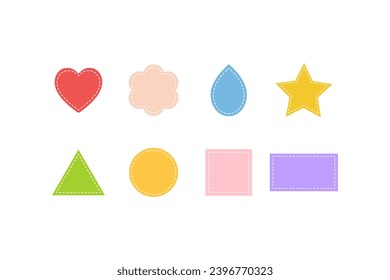 Set of colorful pastel abstract shapes with dotted line template. Heart, flower, raindrop, star, triangle, circle, square, rectangle. Flat vector design illustration isolated on white background.