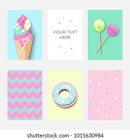 Set of colorful pastel cards with ice cream, donut and lolipops. Fashion trendy template with place for text, minimalism concept. Vector illustration for birthday party with dots and zig-zag texture.