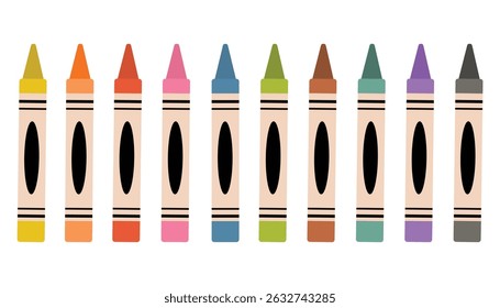 Set of colorful pastel crayons illustrated in flat cartoon style. Each crayon appears in a different vibrant shade, arranged clearly to showcase variety. Perfect for art, education, kids’ designs.