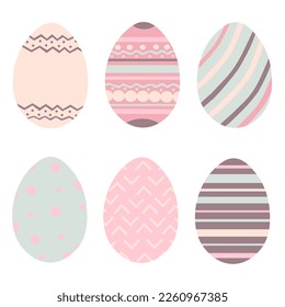 Set of colorful pastel decorated Easter eggs isolated on white. Vector illustration.