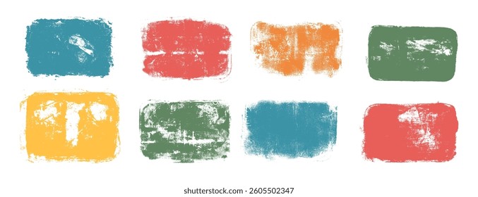 Set of colorful pastel frames. Rectangular crayon callouts. Linocut with rolled acrylic for text box. Handmade vector stamp smudged texture. Decorative uneven frame with rough multicolored paint.