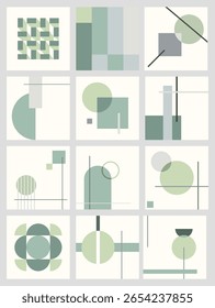 Set of colorful pastel graphic posters. Simple minimal forms. Light abstract background. Suitable for wallpaper, greeting card, print, poster. Green, grey