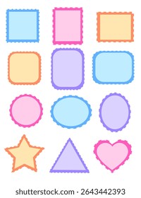 Set of colorful pastel labels, banner, elements, badge, shapes or stickers for mail letter.Post stamps. Empty frames.Blank Postage.Borders  template for postcard,Paper postmarks.Vector illutration.