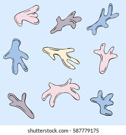 set colorful pastel lilac, pink, blue, yellow corals on pastel blue background. vector illustration.