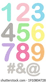 A set of colorful pastel numbers with polka dots pattern inside each number. They’re purple isolated on white background.