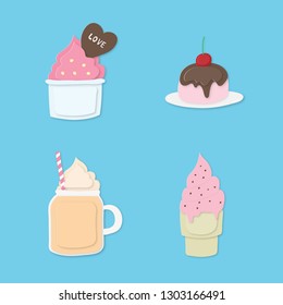 Set of colorful pastel sweet dessert. Ice cream, cup cake, juice, pan cake on blue background. Paper art digital craft papercut style.