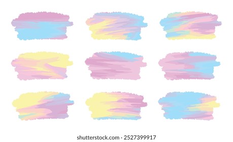 Set of colorful pastel-colored abstract paint brush strokes bubbles isolated on a white background. Concept of creative design, artistic backgrounds, abstract design elements. Copy space.