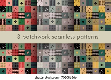 Set of colorful patchwork seamless patterns with symbols of playing cards vector illustration
