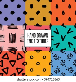 set of colorful pattern hand drawn ink textures, trend seamless pattern, ink strokes