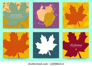 Set of Colorful and patterned autumn artworks with colored maple leaf shape in middle, empty for copy space, text, and photos. Different colored layouts. Editable Vector Illustration. Six designs.