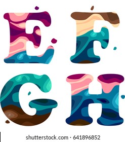 Set of a colorful patterned E,F,G,H letters alphabet. Vector illustration