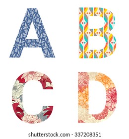 Set of colorful patterned letters - A, B, C, D. Full patterned alphabet, ABC - see in my portfolio. Vector illustration.