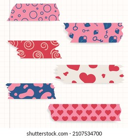 Set of colorful patterned washi tape strips. Vector illustration of a cute decorative scotch tape.