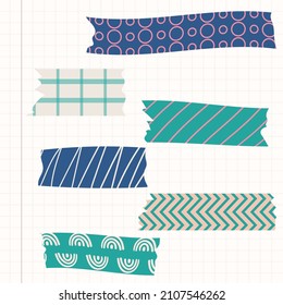 Set of colorful patterned washi tape strips. Vector illustration of a cute decorative scotch tape.