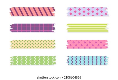 Set of colorful patterned washi tape strips. Cute decorative scotch tape isolated on white background. Vector illustration.