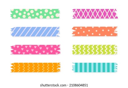 Set of colorful patterned washi tape strips. Cute decorative scotch tape isolated on white background. Vector illustration.