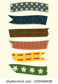 Set of colorful patterned washi tape strips with strictly pattern.