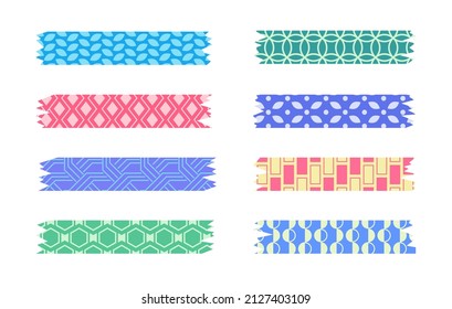 Set of colorful patterned washi tape strips. Cute decorative scotch tape isolated on white background. Vector illustration.