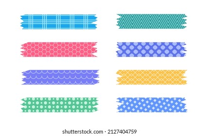Conjunto de tiras de cinta washi con estampado colorido. Cinta escamoteada decorativa fina aislada sobre fondo blanco. Ilustración vectorial.