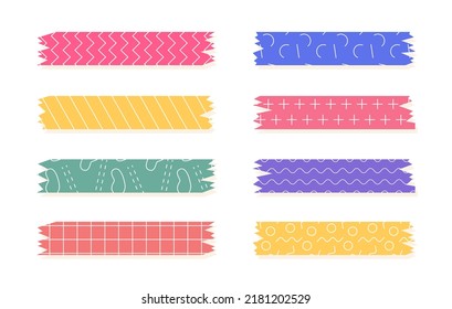 Set of colorful patterned washi tape strips. Cute decorative scotch tape isolated on white background. Vector illustration.