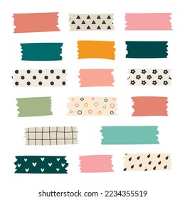 Set of colorful patterned washi tape strips. Vector illustration of a cute decorative scotch tape