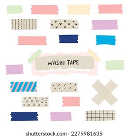 Set of colorful patterned washi tape strips. Vector illustration of a cute decorative scotch tape