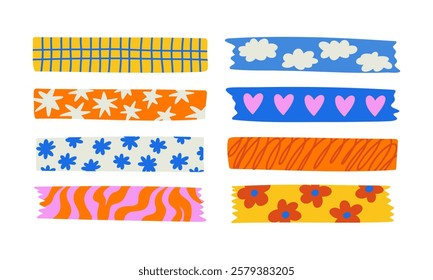  Set of colorful patterned washi tape stripes with cute pattern. Vector illustration of a cute decorative scotch tape. Colored decorative tape mini washi sticker decoration. 