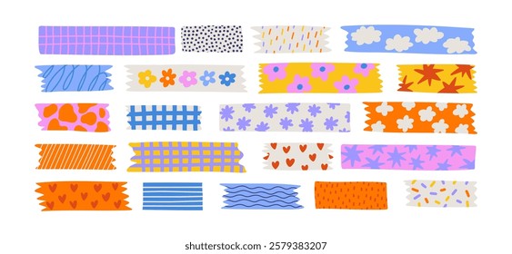  Set of colorful patterned washi tape stripes with cute pattern. Vector illustration of a cute decorative scotch tape. Colored decorative tape mini washi sticker decoration. 