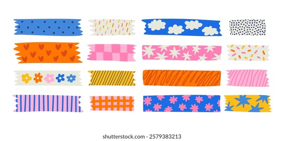  Set of colorful patterned washi tape stripes with cute pattern. Vector illustration of a cute decorative scotch tape. Colored decorative tape mini washi sticker decoration. 