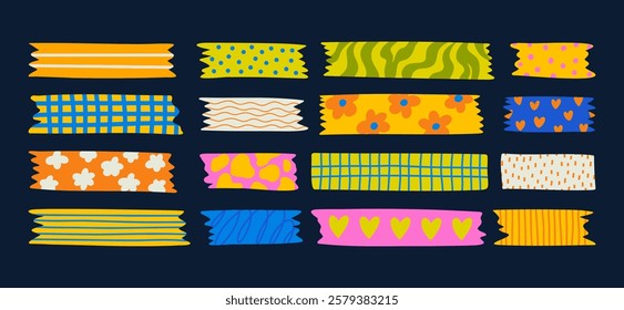  Set of colorful patterned washi tape stripes with cute pattern. Vector illustration of a cute decorative scotch tape. Colored decorative tape mini washi sticker decoration. 