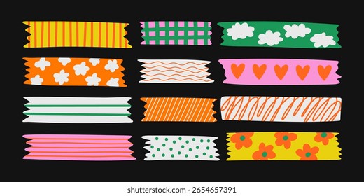 Conjunto de tiras de fita washi estampadas coloridas com padrão bonito. Ilustração vetorial de uma fita decorativa bonito scotch. Decoração de fita decorativa colorida mini washi adesivo decoração. 
