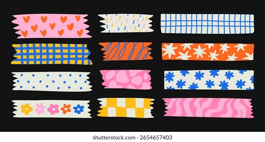 Set of colorful patterned washi tape stripes with cute pattern. Vector illustration of a cute decorative scotch tape. Colored decorative tape mini washi sticker decoration. 