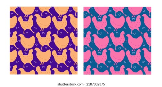 Set of colorful patterns with chicken. Farm animals background, endless seamless pattern