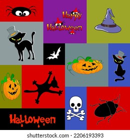 Conjunto de patrones coloridos con elementos aislados de Halloween. Composición asimétrica controlada en el estilo de trineos a la moda. Se puede utilizar para crear fondos sin soldadura. Vector.