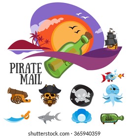 Set of colorful patterns pirate mail, adventure and life of pirates.