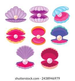 Set of colorful pearl shell set collection, Finest quality beautiful natural open pearl shell, Natural beautiful single pearl sea jewelry isolated on white background, cartoon vector illustration.