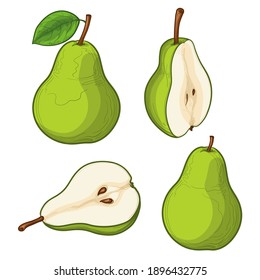Set of colorful pears. Half an pears. Isolated vector illustration.