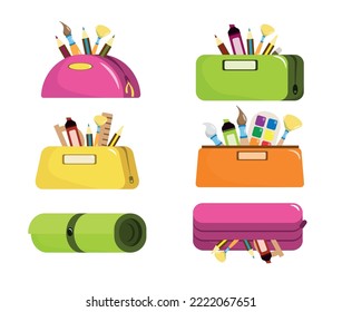 Set of colorful pencil boxes for drawing in cartoon style. Vector illustration of pencil cases with paints, pencils, felt-tip pens, rulers, brushes for drawing on white background.