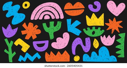 Set of colorful pencil drawn modern textured shapes. Trendy collections of abstract doodle pieces. Creative collage with funky abstract geometric objects in a naive style